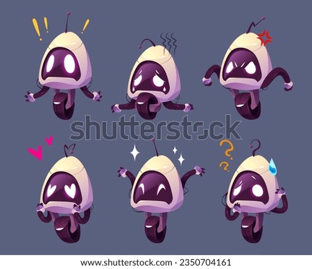 Cute ai robot character futuristic cartoon set. Artificial intelligence mascot design with emotions expression. Isolated angry, surprised, tired and happy face cyber bot companion clipart for game