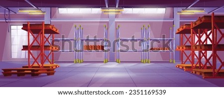 Empty warehouse interior with clear storage inventory. Cartoon vector illustration of storehouse hangar or garage with metallic shelves and racks, wooden pallets, lamps. Cargo and distribution depot.