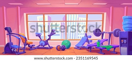 Sport gym studio room for exercise with equipment cartoon vector background. Fitness hall interior with treadmill, dumbbell, bench, barbell and skyscraper cityscape in window graphic illustration