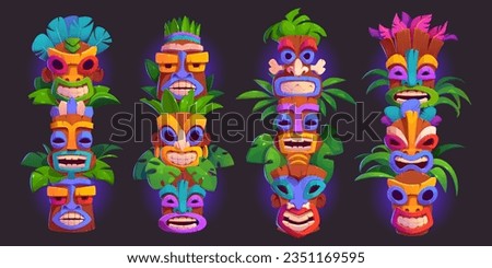 Hawaii tiki mask pole tribal vector cartoon glow icon set. hawaiian or african face statue for tropical island beach party decoration. Isolated smile wooden warrior sculpture tribe design collection