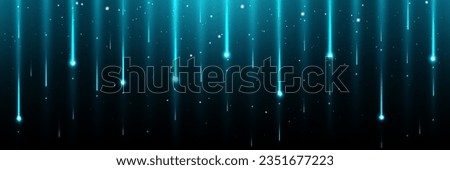 Star shower - shining comet rain horizontal border with blue path falling down meteorite with bokeh effect. Shiny glowing stellar or firework glitter particles on dark background. Realistic vector.