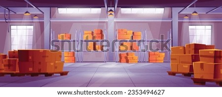 Logistic warehouse interior with box and pallet vector. Factory or store stockroom building with cargo on rack shelves for distribution. Hangar room inside construction with parcel cartoon background