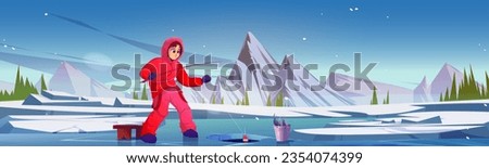 Winter fishing cartoon vector illustration. Young woman in warm clothes on ice covered frozen lake pulls fishing rod out of hole. Activities on background of landscape with pond and snowy mountains.