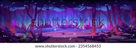 Night forest landscape with lake or swamp in moonlight with glowing fireflies. Fantasy woods landscape in cartoon vector illustration. Magic trees and bushes on banks of pond or river in woodland.