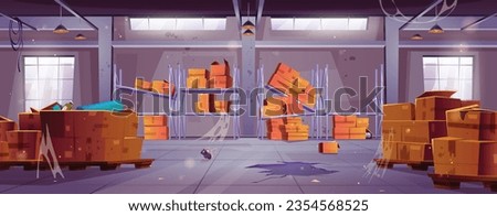 Broken and abandoned warehouse room with damaged storage inventory, destroyed wooden containers and carton parcel boxes, garbage and messy, cobwebs and mouse. Cartoon vector closed storage hangar.