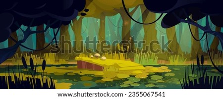 Jungle forest landscape with swamp for game background. Fantasy tropical woods scene with bog water, green grass, trees and foliage, mushrooms and lianas, vector cartoon illustration