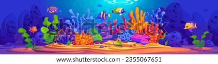 Underwater world with bright seaweeds, corals and swimming fishes in blue water. Cartoon vector illustration of ocean or aquarium bottom with aquatic creatures. Fantasy seabed with marine habitat.