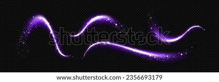 Magic dust with sparkle and glitter light vector effect. Purple swirl trail with glow particle. Fairy tale witch neon wave from wand spell. Abstract 3d stardust twinkle shiny magician overlay texture.