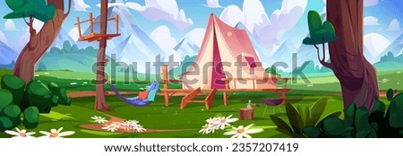 Camp tent in summer forest vector illustration. Camping scene near tree with hammock and ax in stump. Spring forrest location environment for campsite panorama campaign. Woods nature concept