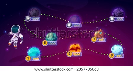 Astronaut adventure arcade game map. Vector cartoon illustration of space background with stars, travel route between fantasy alien planets, score stars and lock icons, app user interface design
