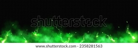 Realistic thunder light and green smoke cloud bottom frame. Mysterious lightning glow border wide panoramic element. Fluffy magic spell mist glowing with bolt energy charge overlay turquoise design