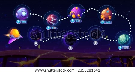Space adventure arcade game map. Vector cartoon illustration of night sky background with stars, travel route between fantasy alien planets, score stars and lock icons, app user interface design
