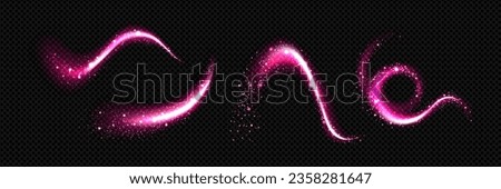 Fairy pink light trail from magic wand with dust and bright flash. Realistic vector set of abstract swirl wavy lines with glitter and sparkles with glow motion effect. Curve starlight with twinkle.
