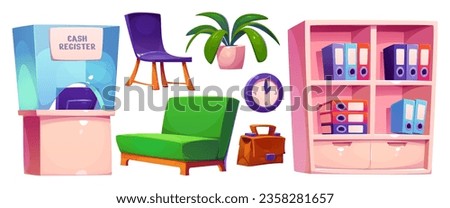Bank interior furniture and equipment set. Cartoon vector cash register with glass window and computer monitor, sofa and chair for customers, cabinet with shelves and folders, clock and briefcase.
