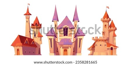 Fairy tale pink princess castle cartoon vector set. Magic fairytale kingdom world tower for fantasy child story. Medieval royal mansion architecture png clipart icons isolated on white background