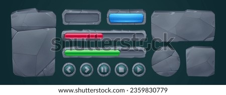 Set of stone game ui frames and buttons isolated on background. Vector cartoon illustration of rectangular and round menu boards, play, stop, pause icons, red and green progress bars, rock texture