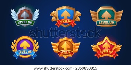 Level up game reward banner with ribbon and sign. Cartoon vector illustration set of various award and congratulation gui badges for win and move on next stage concept. Gamer winner prize and trophy.