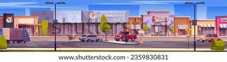 Parking lot near supermarket with cars, road signs, trees and bushes and shopping cart. Cartoon vector large mall building, grocery stores and cafe. City street landscape with parked vehicles.