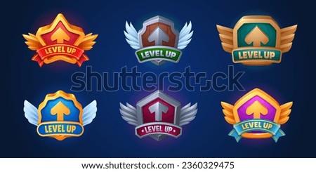 Level up award ui game badge icon vector medal set. Gold trophy reward design for casino achievement with ribbon and arrow. Arcade app gui interface label with shield popup cartoon illustration