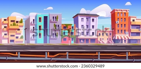 Water pipe underground system and city house vector. Drain sewer construction for building under road cartoon illustration. Sink, toilet, bathroom and kitchen sewerage. Irrigation plumbing structure