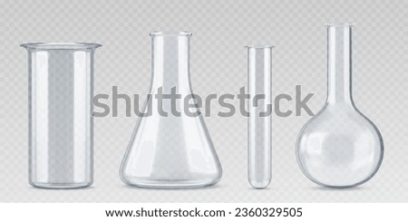3d chemistry laboratory glass science test flask. Realistic lab beaker equipment. Chemical glassware tube isolated vector set. Empty cylinder measuring container for scientific medical experiment