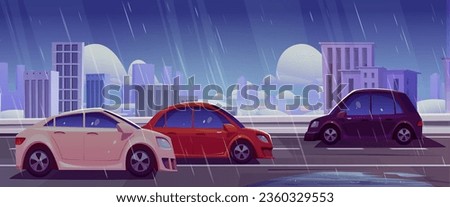 City street traffic on rainy day. Vector cartoon illustration of cars driving wet urban road, cityscape background with modern buildings, clouds on gloomy sky, water puddles on highway, driving safety