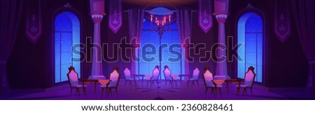 Castle banquet or ball room at night - royal interior with big windows with curtains, dining tables and chairs, columns and chandelier with burning candles. Cartoon vector large king hall in evening.
