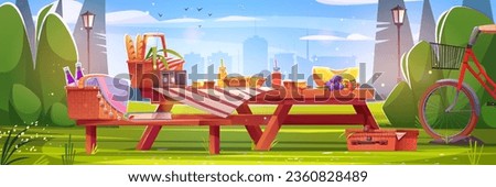 Retro picnic on wooden table in morning city park. Vector cartoon illustration of appetizing breakfast served outdoors, vintage radio and bicycle near bench, romantic date against urban background