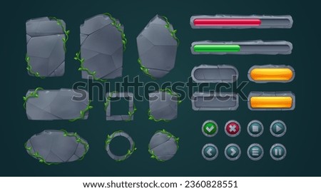 Stone game menu elements - cartoon rock gui boards and buttons with liana vines. Cartoon vector user interface frames, round and rectangular banners and level bars with stony texture and jungle plants