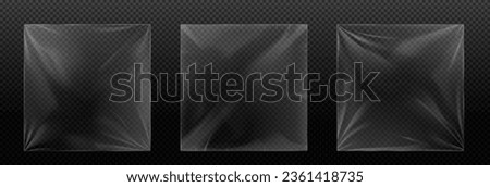Vinyl cover with shrink effect - realistic transparent plastic package. Vector illustration set - overlay mockup of square seal wrap. Texture of cellophane or polythene wrapper with wrinkle.