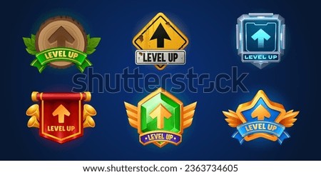 Level up ui badge icon vector reward button design. Award medal for casino bonus. Futuristic hud, grunge and royal achievement interface sign with arrow for app. Golden victory label illustration