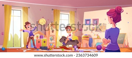 Mom and children in messy kid room cartoon vector. Child play toy indoor. Home playroom interior for hyperactive preschool or kindergarden baby illustration. Mess trouble and mother in untidy nursery