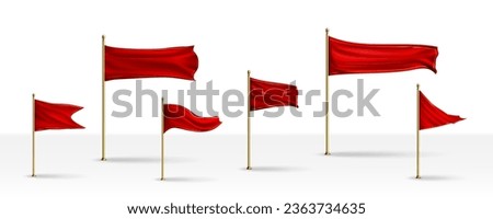 Set of red silk flags on golden poles isolated on white background. Vector realistic illustration of triangular and rectangular fabric banners flying in wind, map marker, victory banner, start sign