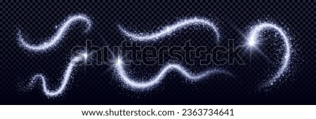 White magic dust with light effect vector set. Glitter spray fairy overlay with spark glow. Fantasy silver wizard wand spell trail. Ice trace line with shimmer powder. Snow twinkle wave illustration