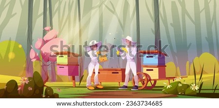 Two beekeepers use smoke to treat frame with beehives near apiary in forest. Cartoon vector illustration of woods landscape with honey farm, man and woman apiarist workers in protective hats.