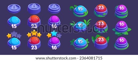 Set of game map buttons isolated on background. Vector cartoon illustration of level indicators with lock, star icons, marked with colors, decorated with green plants, mobile app design elements