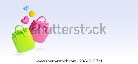 3d render shop paper bag sale vector background. Fashion banner with online app purchase package to delivery. Fly present carry box template. Minimal pink shoping promotion panorama illustration