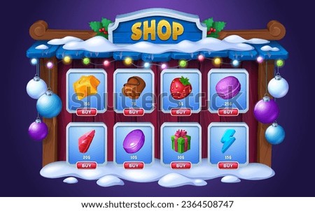 Christmas game shop for user interface design. Vector cartoon illustration of wooden frame with snow and garlands, sweets, chocolate dessert, strawberry, gift box, lightning bolt icons on shelves