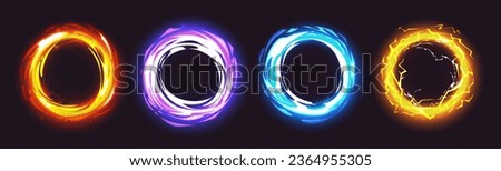 Magic portal light effect set isolated on black background. Vector cartoon illustration of orange, yellow, blue, purple circles with fire, ice, lightning power texture, teleport frame to fantasy world