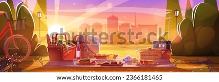 Retro picnic in city park at sunset. Vector cartoon illustration of appetizing dinner served on lawn, vintage radio and bicycle, sandwiches and drinks on blanket, romantic date on urban background