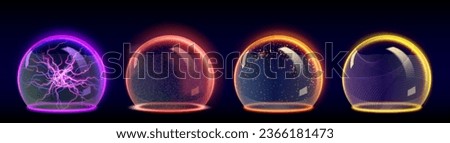 Neon sphere protect shield with various textures and glow. Realistic 3d vector of luminous security ball with transparency effect. Round cover dome with force field or power energy barrier.