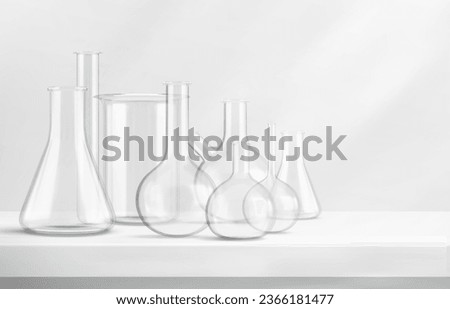 3d glass chemistry beaker on laboratory table. Realistic lab flask equipment for scientific test. Chemical measure bottle for research experiment. Biotechnology composition with clear erlenmeyer