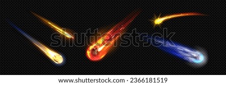 Meteor or comet space trail fire light vector effect. 3d isolated realistic meteorite flame speed glow. Night planet tail sparkle. Missile burn or fireball shooting ui vfx astronomy illustration.
