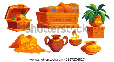 Ancient pharaoh egyptian treasure and sarcophagus cartoon vector set. Egypt pyramid or temple ramses tomb icon illustration. isolated museum ui object for palace. Great civilization mythology design