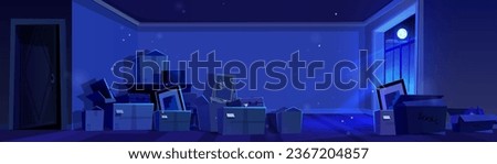 Dark night unfurnished room with stuff for new home in cardboard boxes. Cartoon vector of relocation and moving to new house. Midnight interior with moonlight through window and carton parcels.