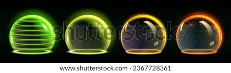 Sphere protect shield with glow textured surface - realistic 3d vector of neon defensive half ball with transparency effect. Luminous glass globe cover with force field or power energy barrier.