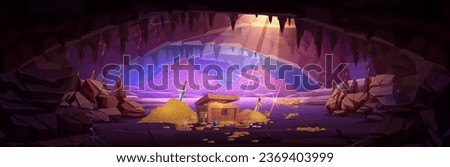 Large cave with piles of gold. Vector cartoon illustration of underground dungeon with treasure chest full of golden coins, sparkling gemstones, jewelry, medieval swords, adventure game background