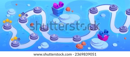 Winter land map for game level interface. Vector cartoon illustration of ice landscape with indicator buttons on road, lock and golden star icons, gift boxes, fantasy background for treasure adventure