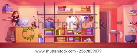 Female seller at cashdesk in fashion shop. Vector cartoon illustration of boutique interior with purses, t-shirts, blouses, shoes on shelves, paper bags for shopping, dressing room with curtain