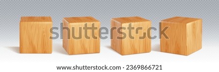 Wooden cube block realistic 3d vector illustration set. square platform or toy brick with wood texture. Cubic game 6 sides dice or education kid box element or rectangular podium and pedestal.